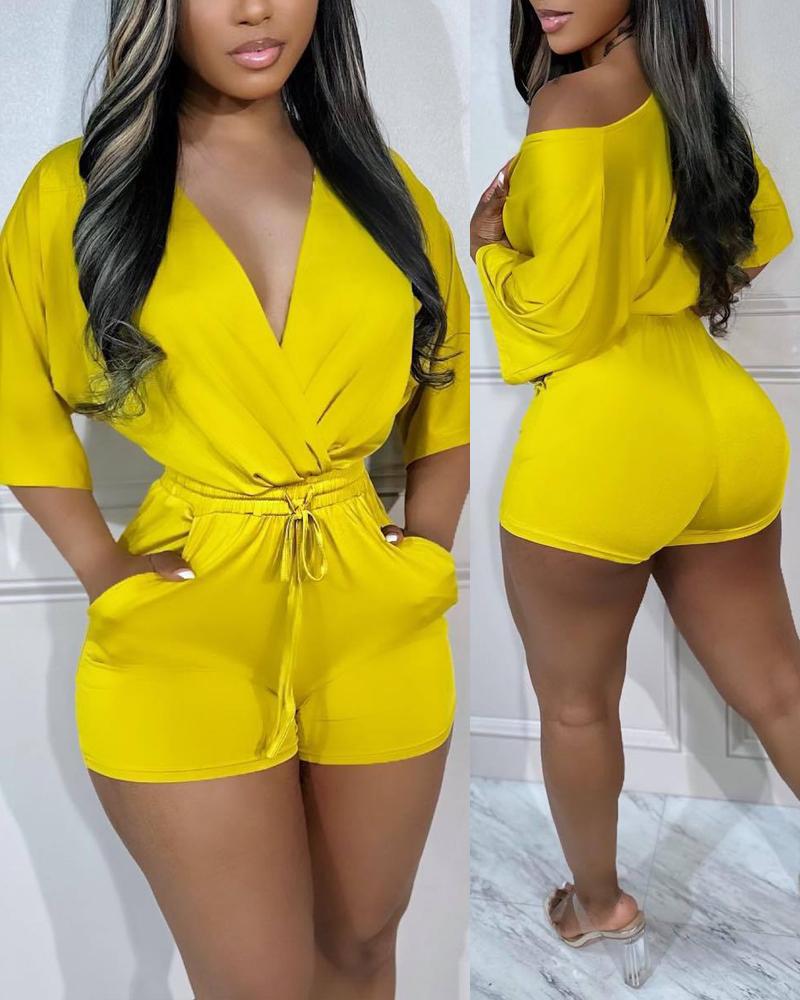 

V-Neck Drawstring Half Sleeve Romper, Yellow