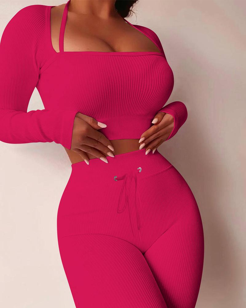 

Long Sleeve Crop Top & Drawstring High Waist Pants Set, Hot pink