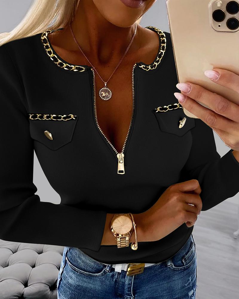 

Round Neck Long Sleeve Zip Up Chain Decor Top, Black