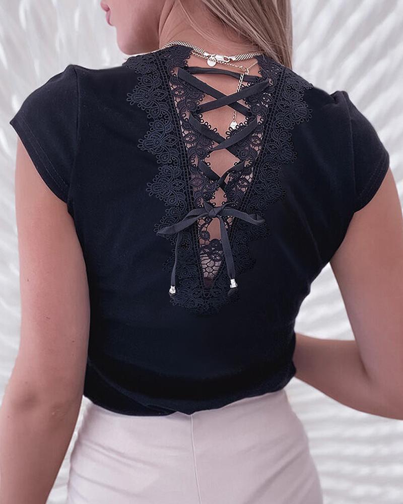 

Plain Lace-up Short Sleeve Top, Black
