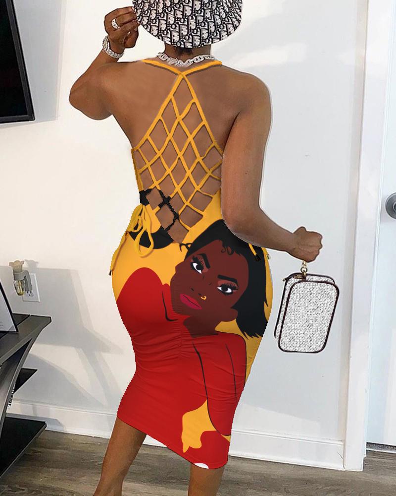 

Figure Print Fishnet Backless Bodycon Dress, Multicolor