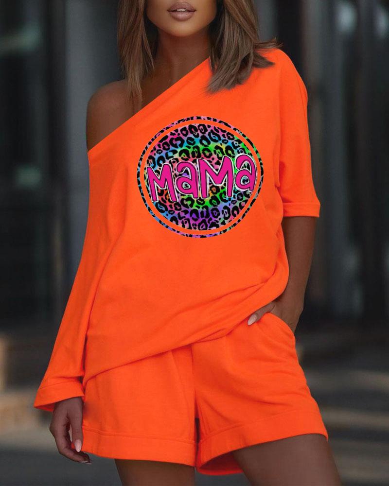 

Mother' Day Leopard Mama Print Casual Top & Shorts Set, Orange