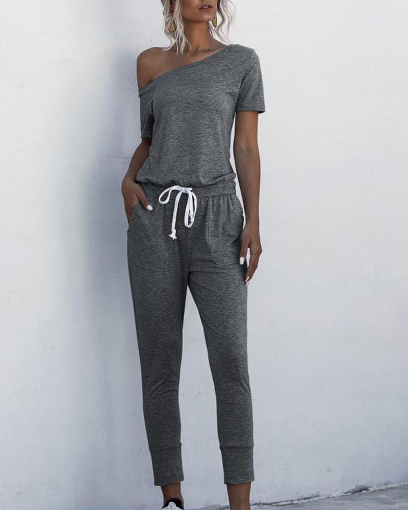 

One Shoulder Contrast Drawstring Jumpsuit, Dark grey