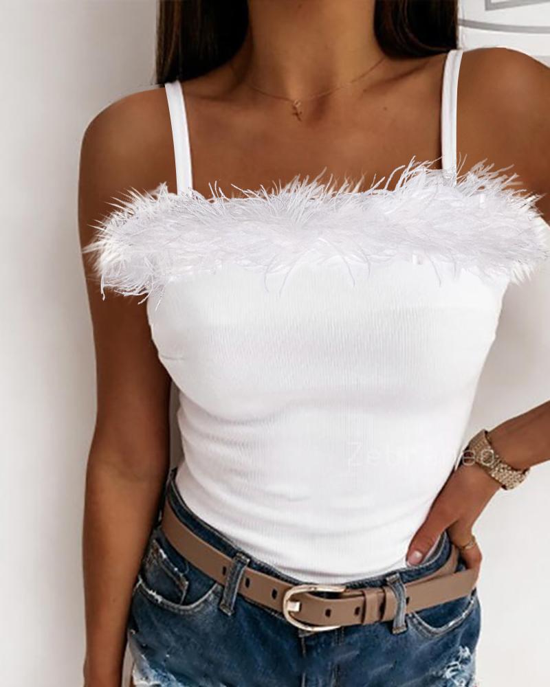 

Feather Trim Ribbed Cami Top, White