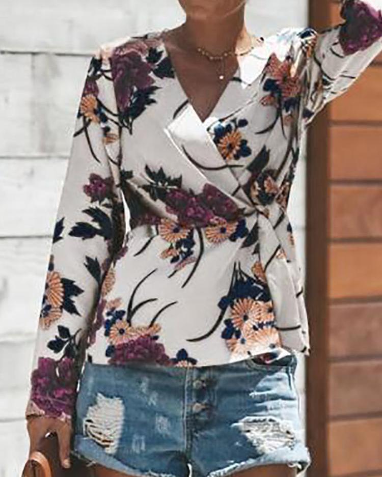 

Floral Print Wrap Knot Side Blouse, White