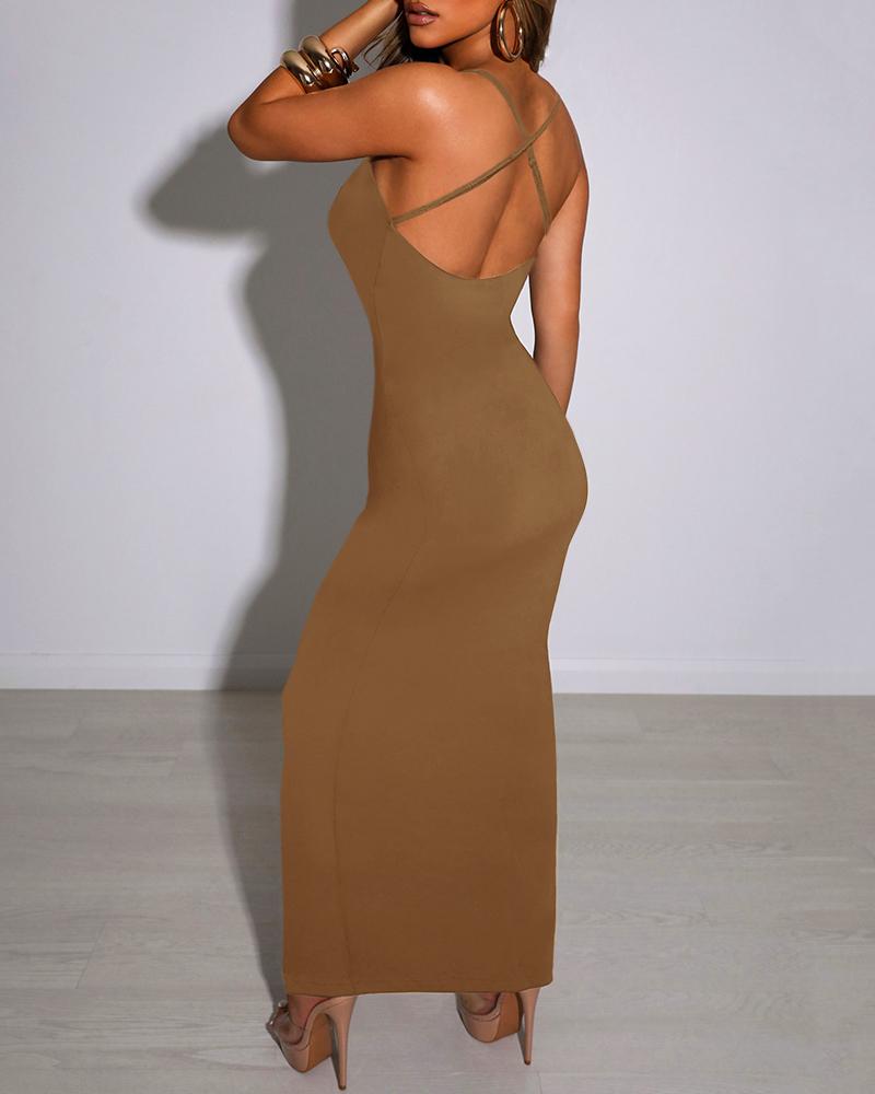 

Spaghetti Strap Crisscross Backless Bodycon Dress, Coffee