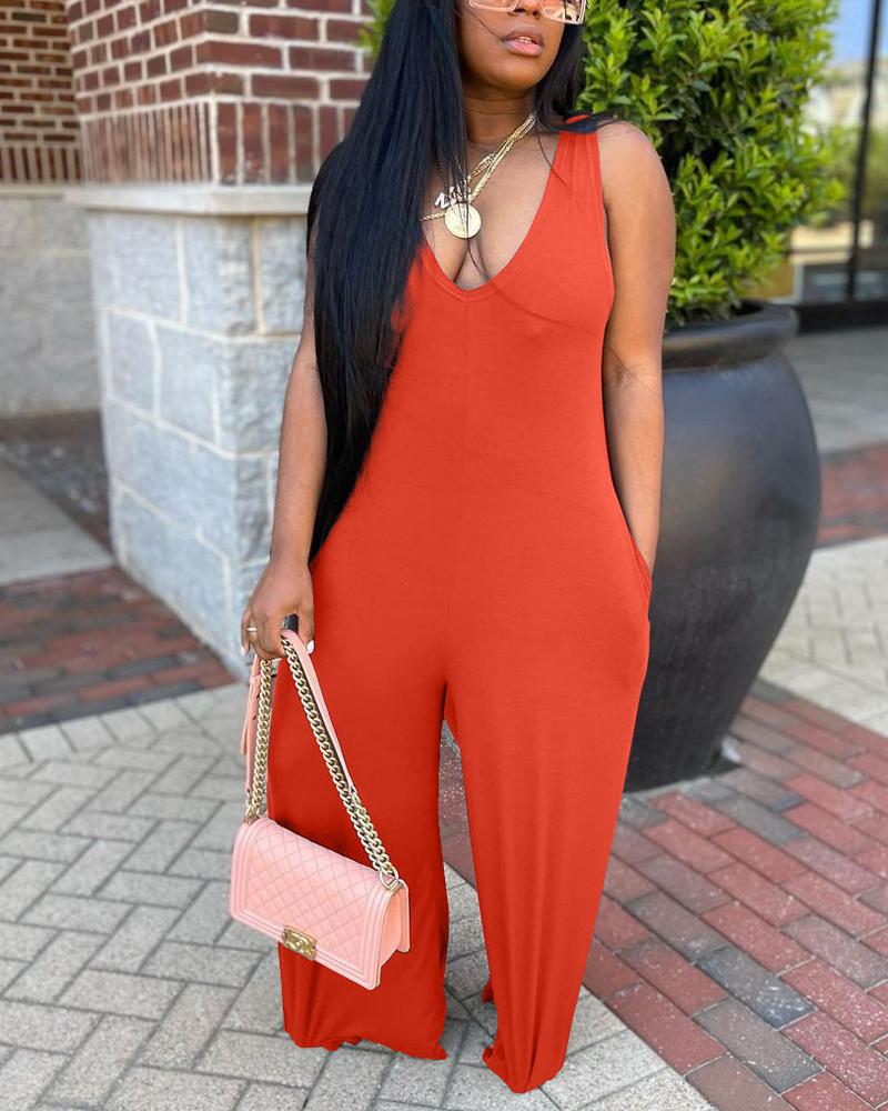 

Wide Leg Pocket Design Sleeveless Jumpsuit, Orange