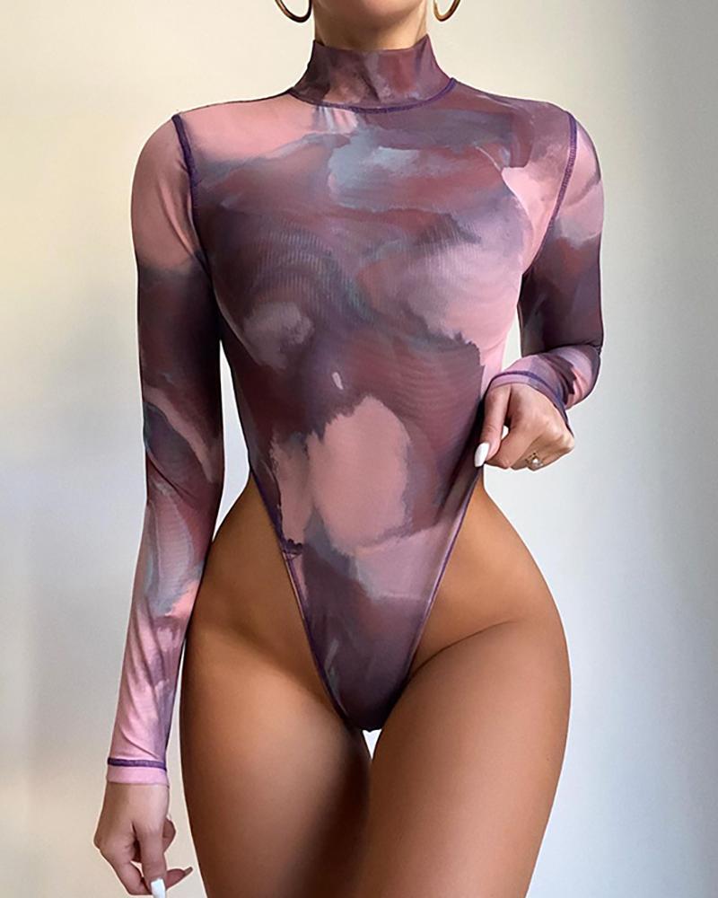 

Tie Dye Print Mesh Bodysuit, Brown
