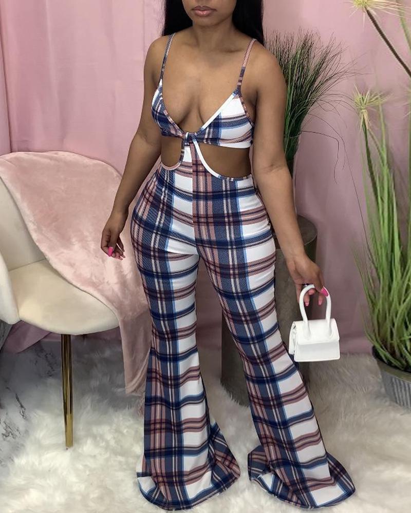 

Spaghetti Strap Plaid Print Cutout Jumpsuit, Pink