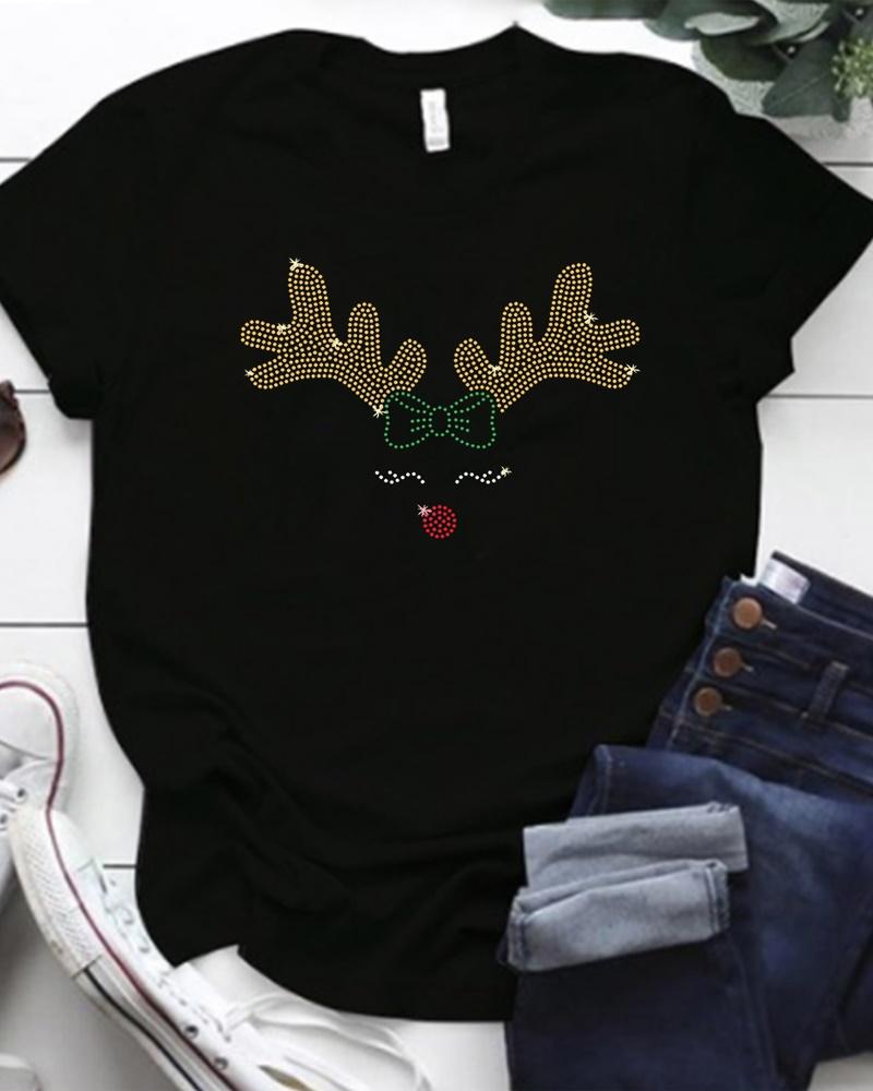 

Christmas Rhinestone Elk Pattern Casual T-shirt, Black