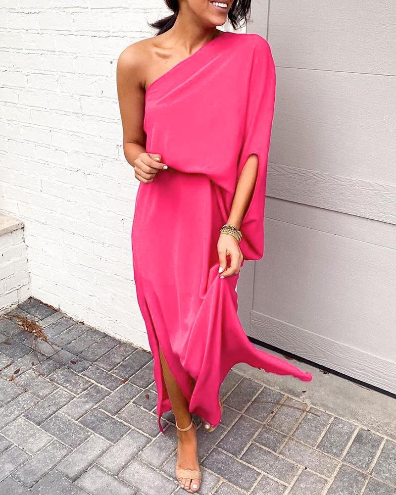 

Plain One Shoulder Slit Dress, Hot pink