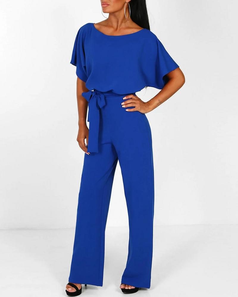

Batwing Sleeve Keyhole Back Belted Jumpsuit, Blue