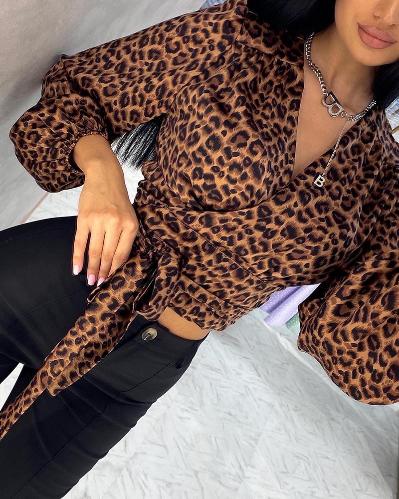 

Cheetah Print Lantern Sleeve Tied Detail Top, Dark brown