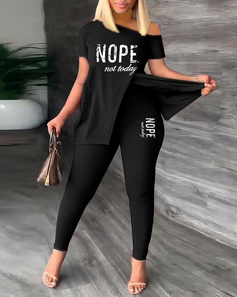 

Plus Size Nope Not Today Print Split Hem Top & Pants Set, Black