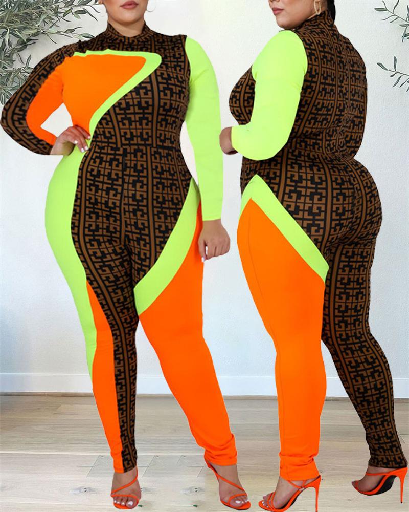 

Plus Size Geometric Print Colorblock Long Sleeve Jumpsuit, Coffee