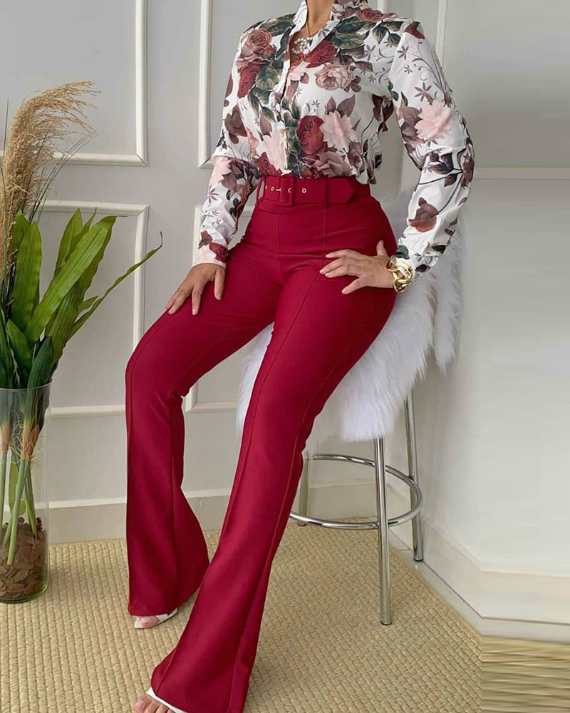 

Floral Print Buttoned Top & Bootcut Pants Set, Red