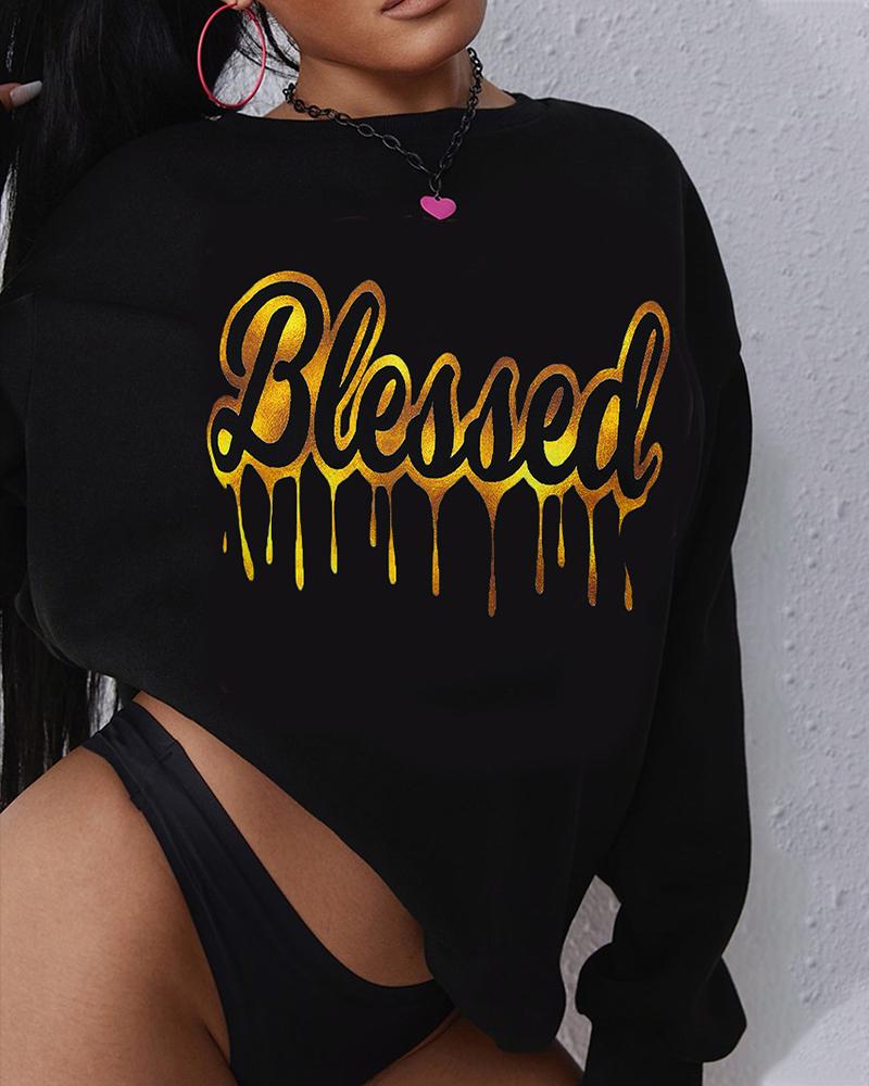 

Plus Size Letter Print Long Sleeve Sweatshirt, Black