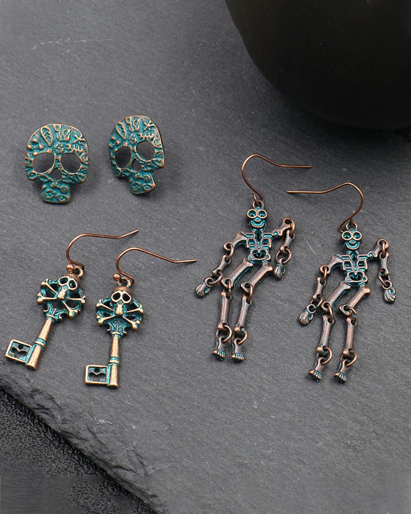 

3Pairs Halloween Gothic Skeleton Skull Shaped Earrings Set, Green