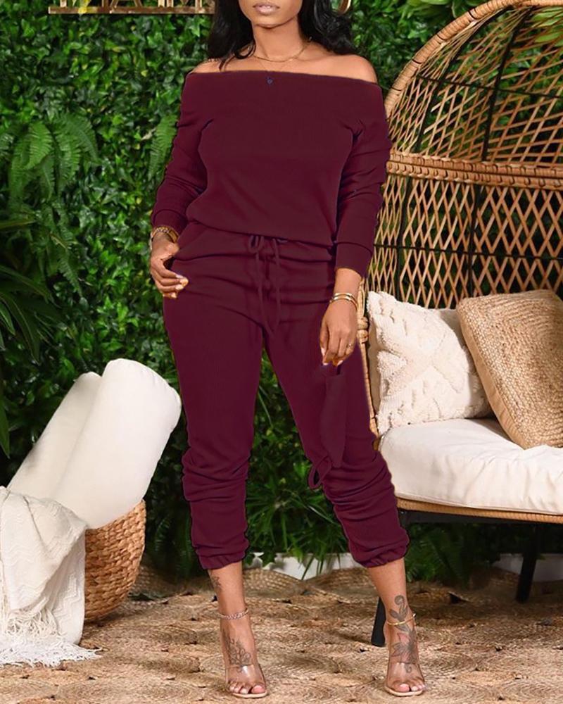 

Plus Size Plain Long Sleeve Top & Drawstring Pants Set, Wine red