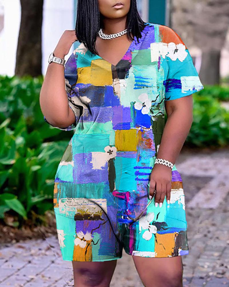 

Floral Pattern Colorblock V-Neck Short Sleeve Romper, Blue