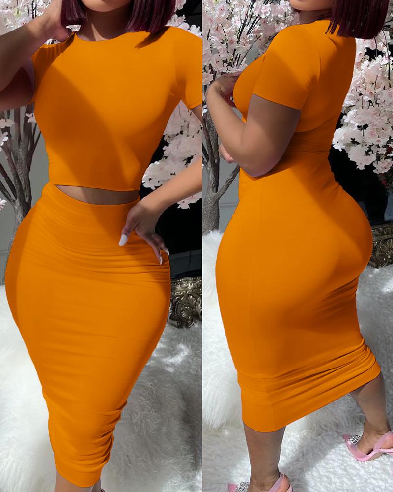 

Short Sleeve Top & High Waist Skirt Set, Orange