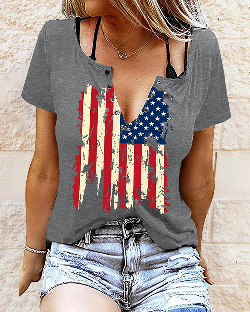 

Independence Day Flag Print Eyelet Decor T-shirt, Gray