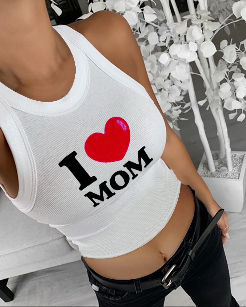 

Mother' Day Printed Basic Top Shirt Slim Knit Ribbed Racerback Blouses Crop Tank Tops, White