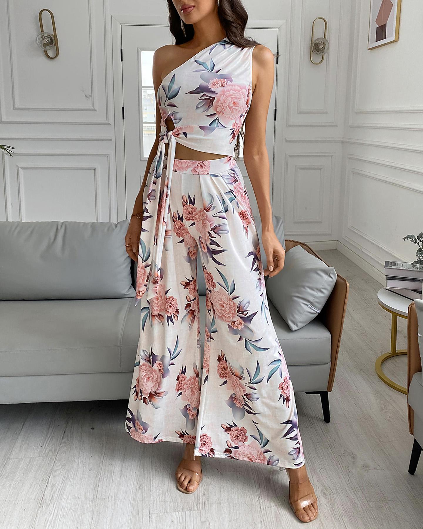

One Shoulder Floral Print Top & High Waist Pant Sets, White