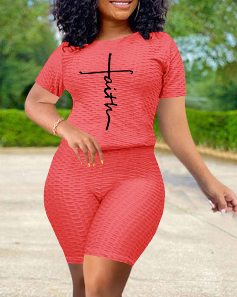 

Letter Print Textured Casual Top & Shorts Set, Hot pink