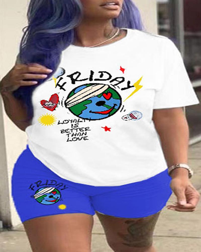 

Plus Size Friday Loyalty Is Better Than Love Graphic Print Casual Top & Shorts Set, Blue