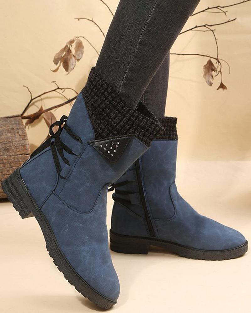 

Side Zipper Lace-up Chunky Heel Ankle Boots, Blue
