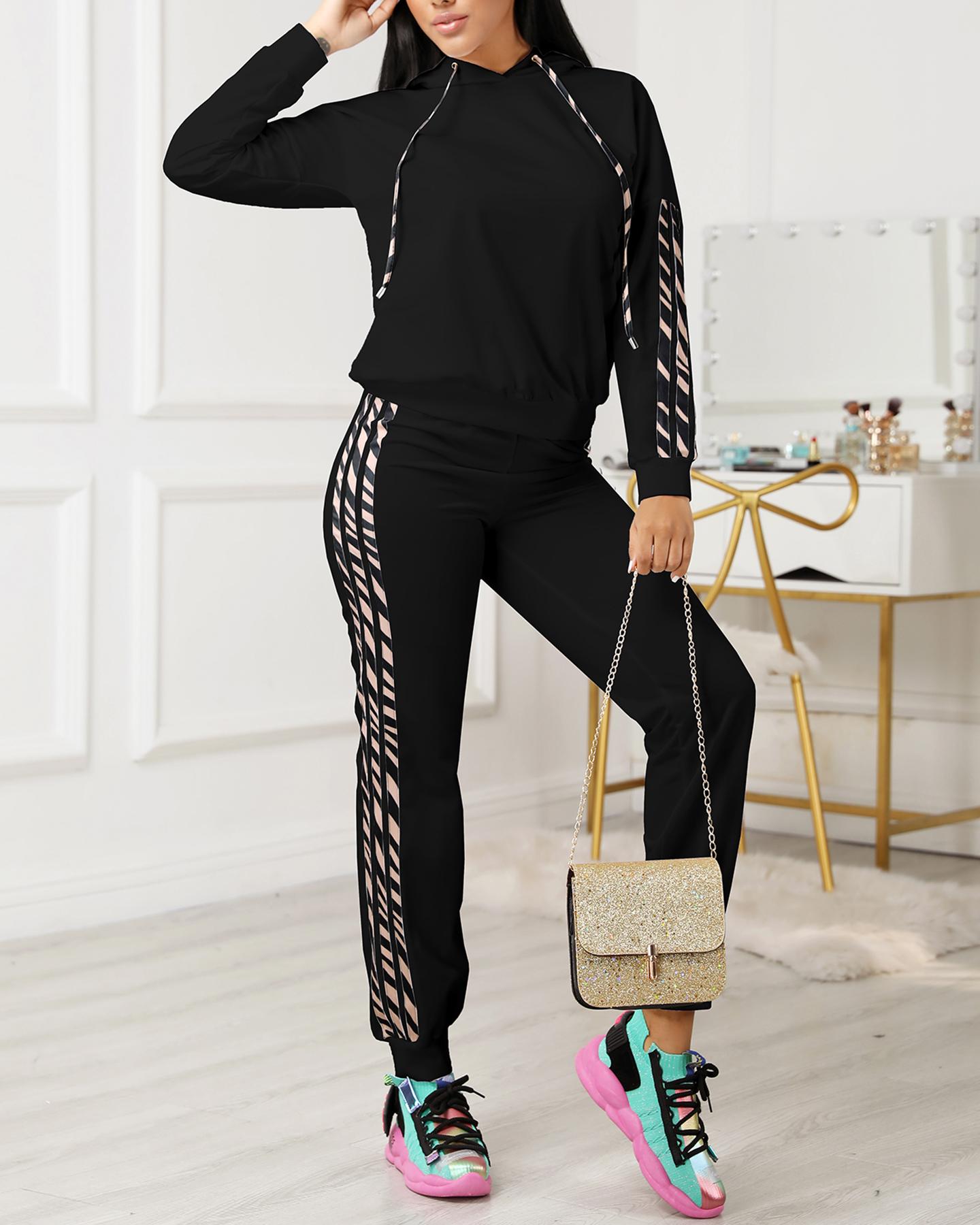 

Striped Drawstring Design Hooded Top & Casual Pant Sets, Black