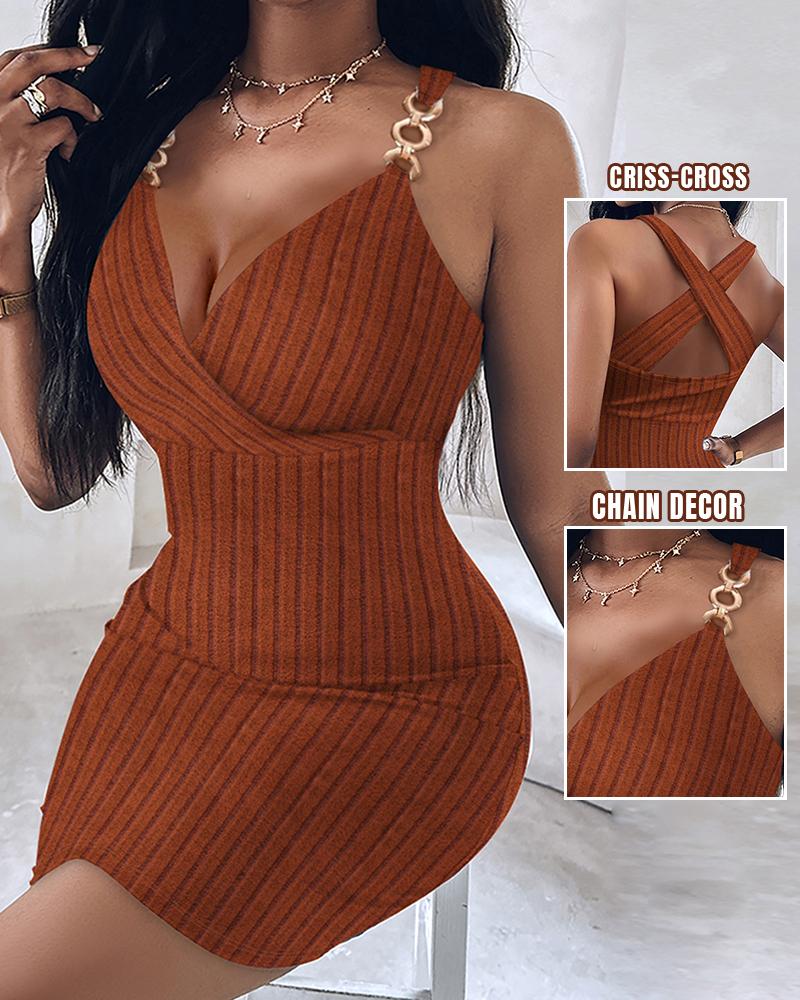 

Chain Decor Criss Cross Ribbed Bodycon Dress, Brown