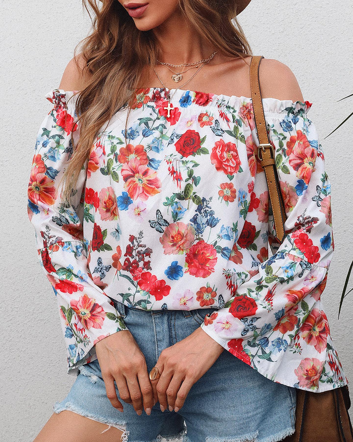 

Bell Sleeve Floral Print Off Shoulder Blouse, White