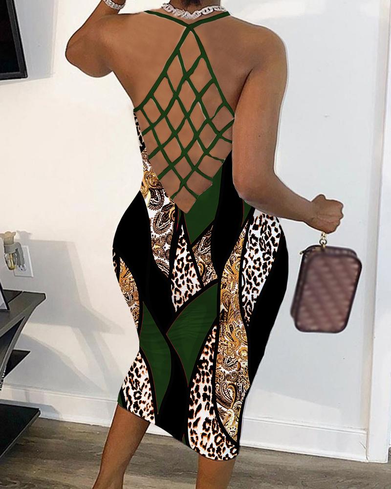 

Baroque Leopard Print Fishnet Backless Bodycon Dress, Green
