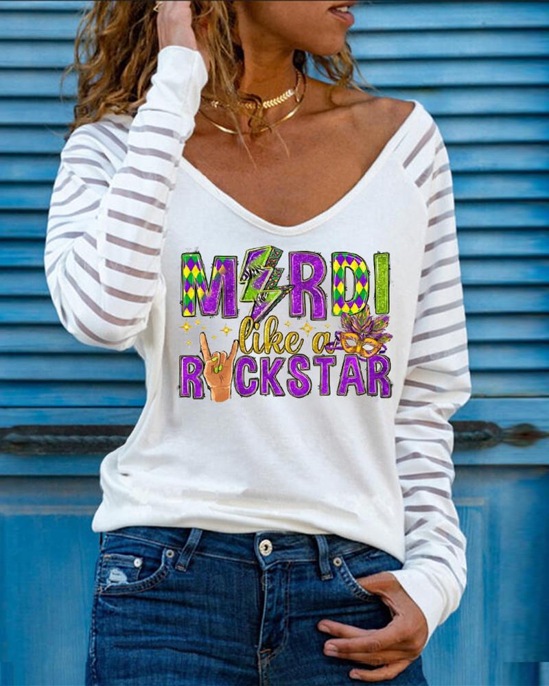 

Mardi Like A Rock Star Print Contrast Mesh Long Sleeve Top, White