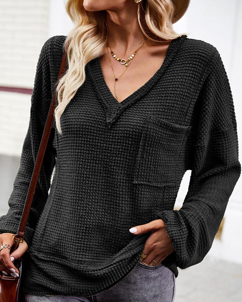 

V-Neck Lantern Sleeve Pocket Design Top, Black