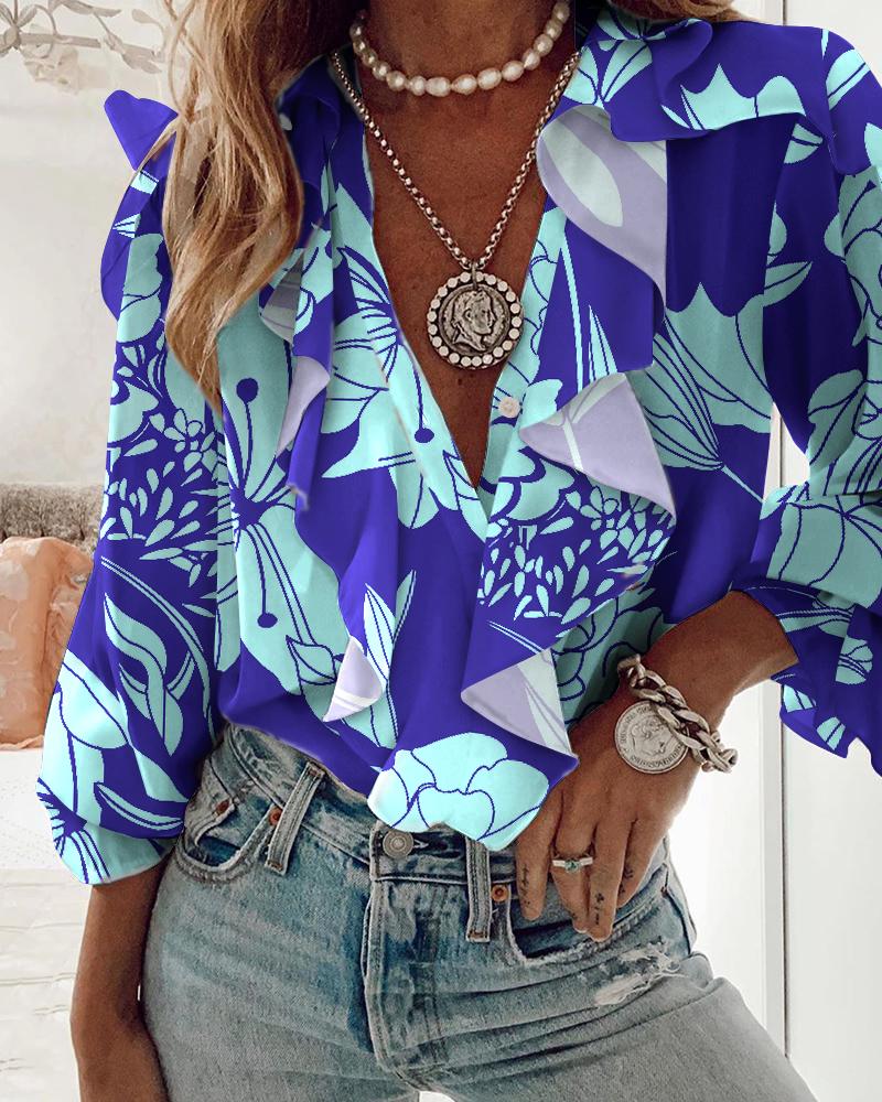 

Plants Print Flounce Sleeve Ruffle Hem Top, Dark blue