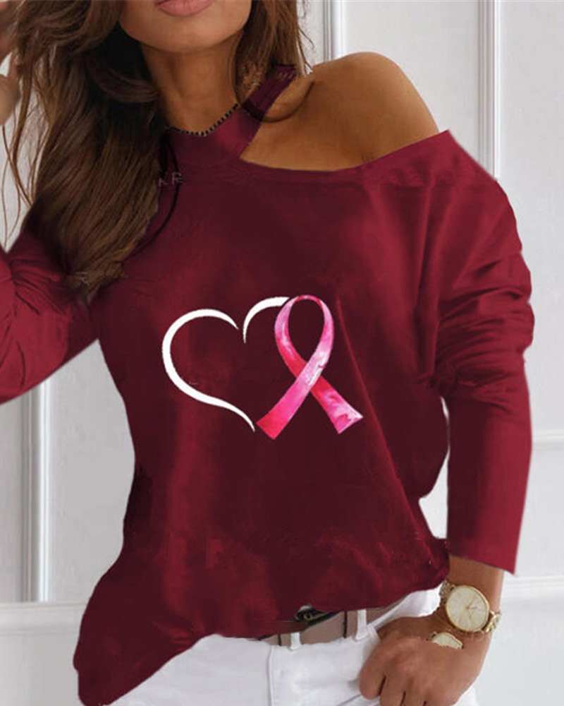 

Heart Print Cold Shoulder T-shirt, Wine red
