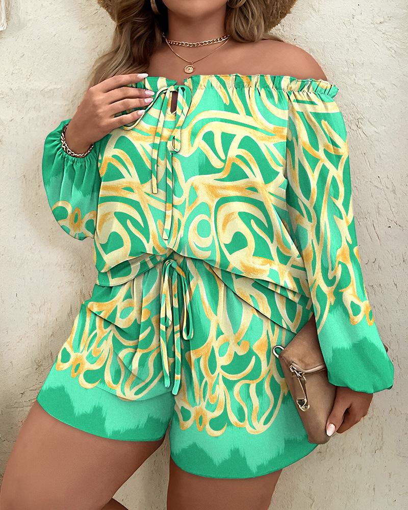 

Plus Size Abstract Print Off Shoulder Top & Drawstring Shorts Set, Green