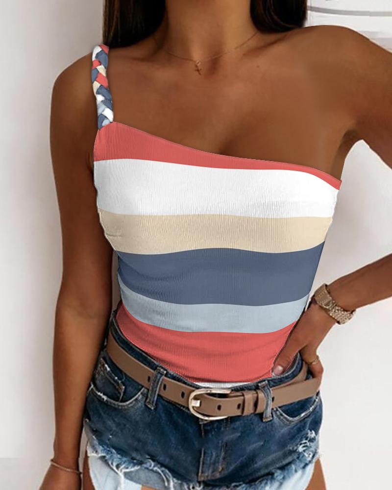 

Colorblock Striped Print Braided One Shoulder Tank Top, Multicolor