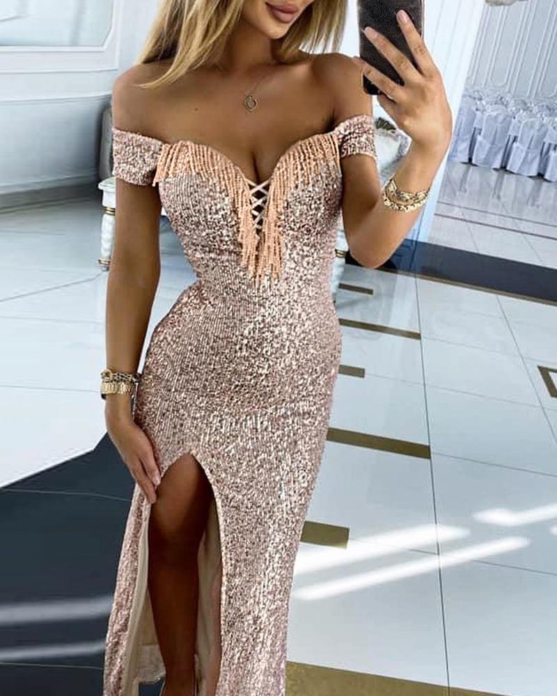 

Allover Sequins Off Shoulder High Slit Tassel Design Party Dress, Pink
