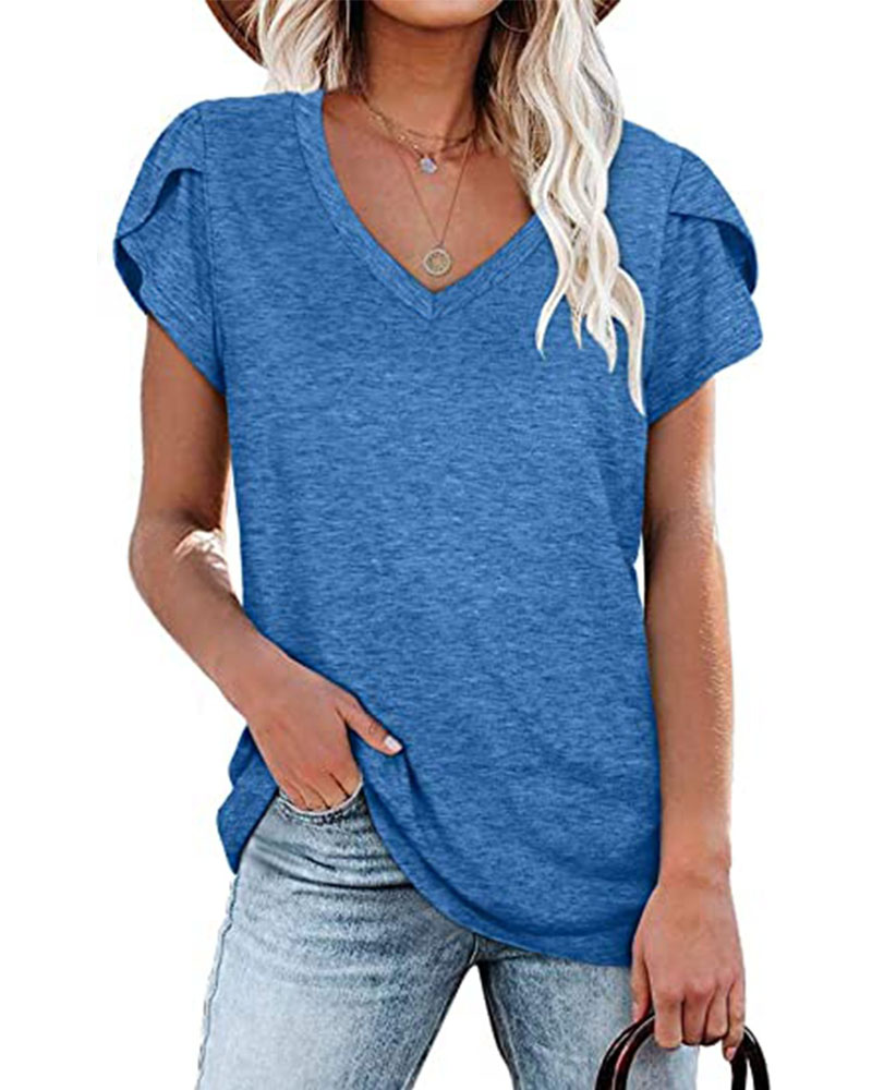 

Petal Short Sleeve V-Neck Casual T-shirt, Blue