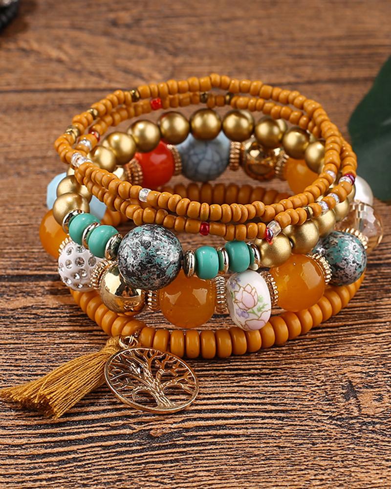

1pc Bohemian Beaded Hollow Out Geometric Tassel Multi-layer Bracelet, Yellow