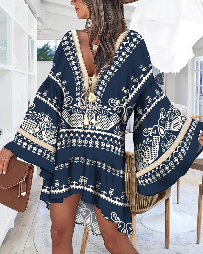 

Vintage Tribal Print Bell Sleeve Tassel Swing Dress, Purplish blue