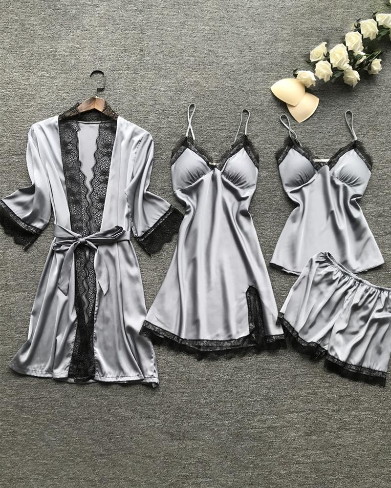 

V-neck Lace Trim Satin 4PCS Sleepwear Set, Gray