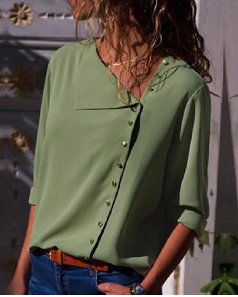 

Solid Button Embellished Casual Blouse, Green