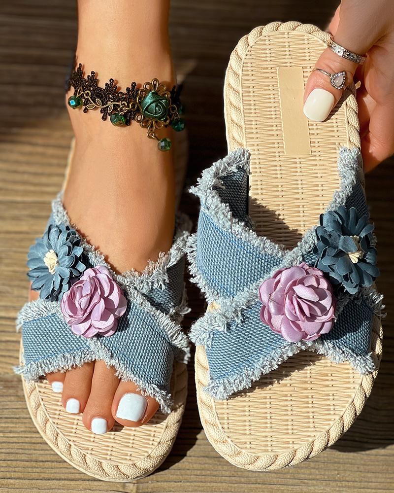 

Floral Pattern Cross Strap Raw Hem Beach Slippers, Blue