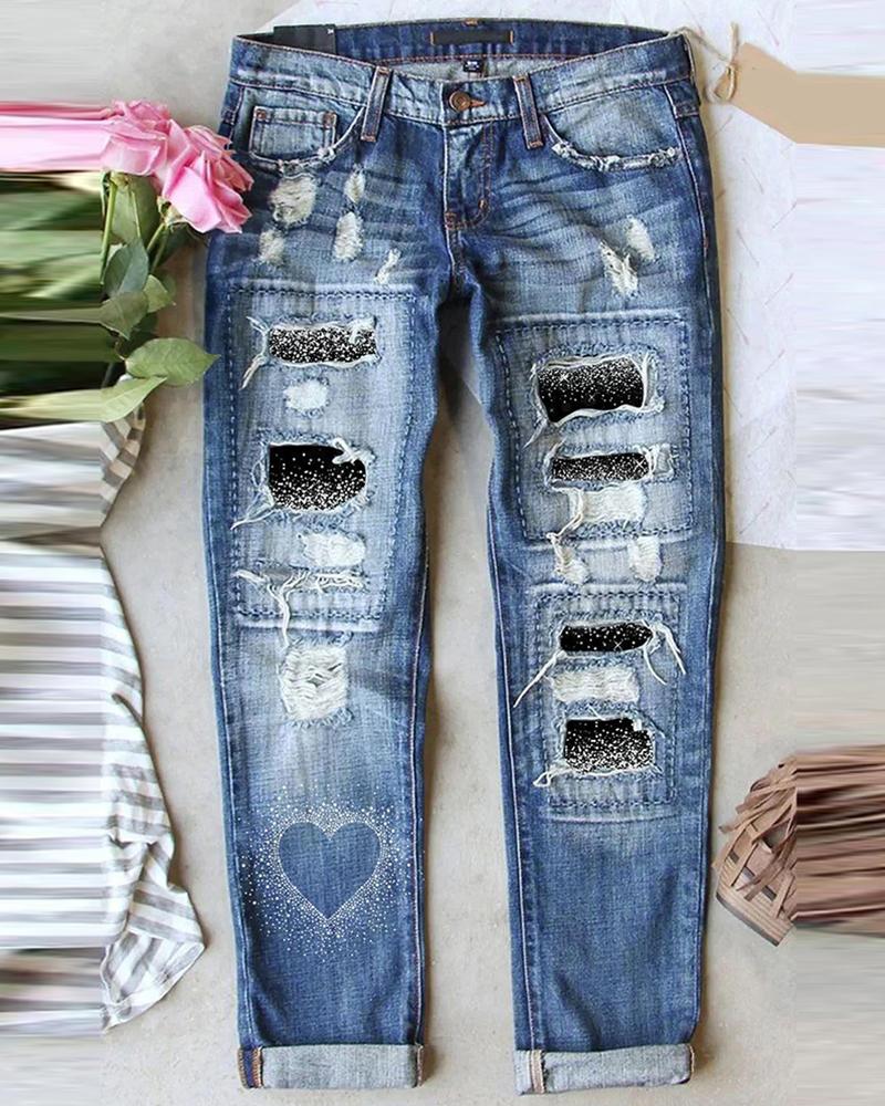 

Heart Print Patchwork Ripped Jeans, Blue
