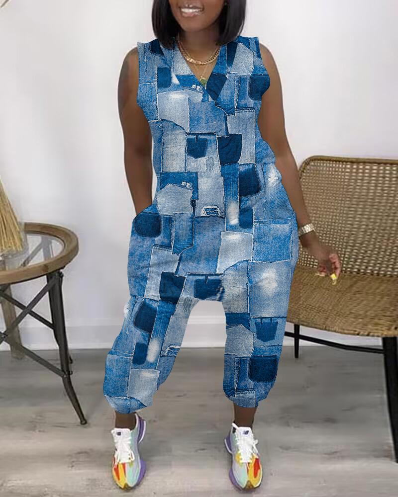 

Denim Look Print Pocket Design Sleeveless Jumpsuit, Blue